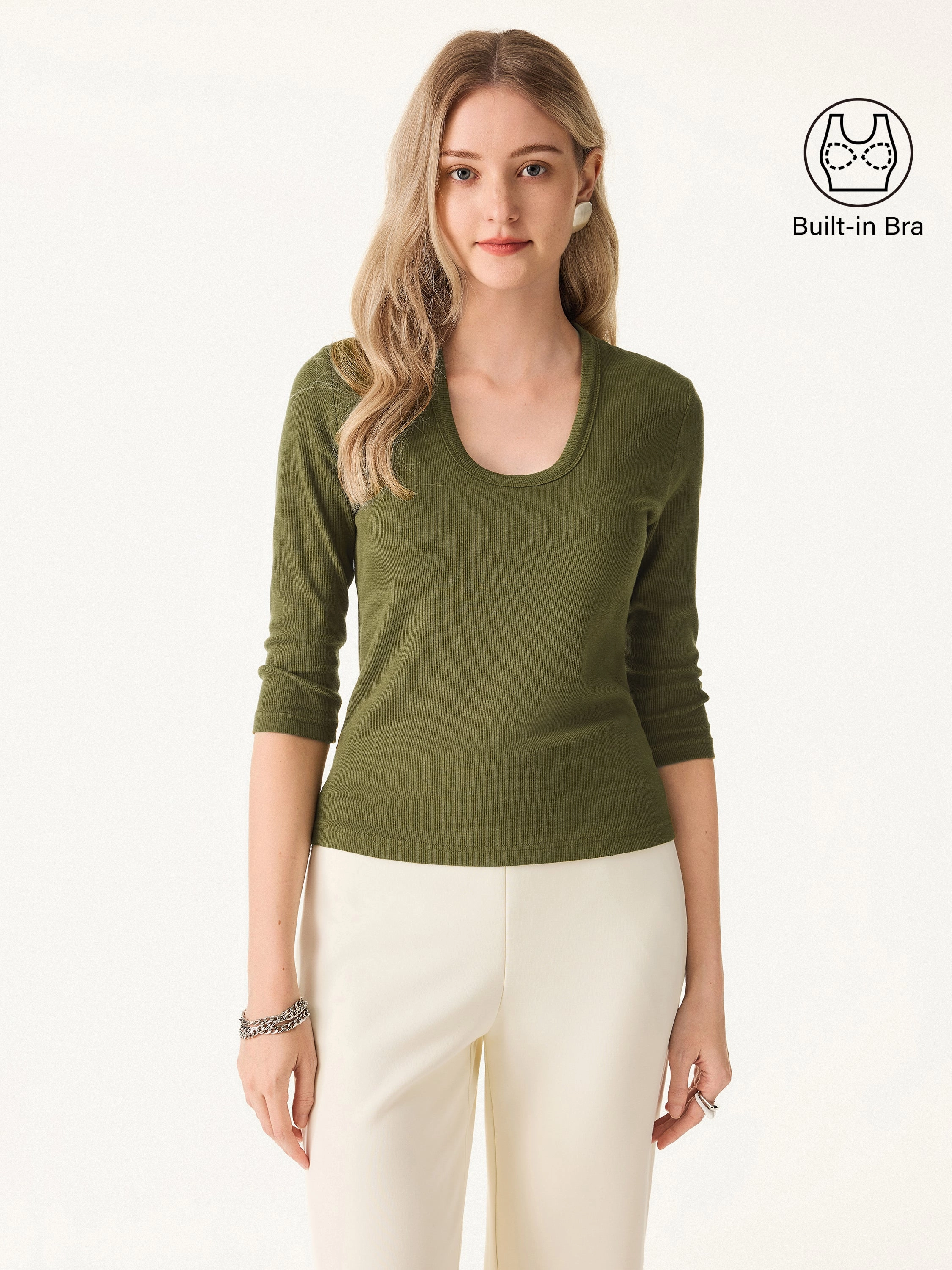 Essential Stretch Cotton U-neck 3/4 Sleeve Brami Snag Free Fabric