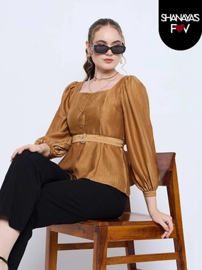 Madame Golden Rayon Blend Square Neck Belted Button Front Top Antistatic SoftBrushed