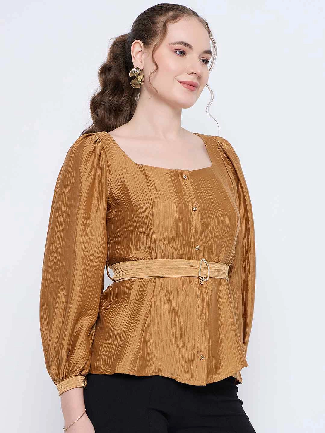 Winter Wardrobe Microfiber Blended Fabric Madame Golden Rayon Blend Square Neck Belted Button Front Top