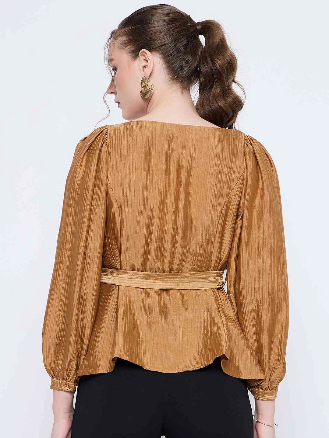 PolyesterBlend AbrasionResistant Surface Madame Golden Rayon Blend Square Neck Belted Button Front Top