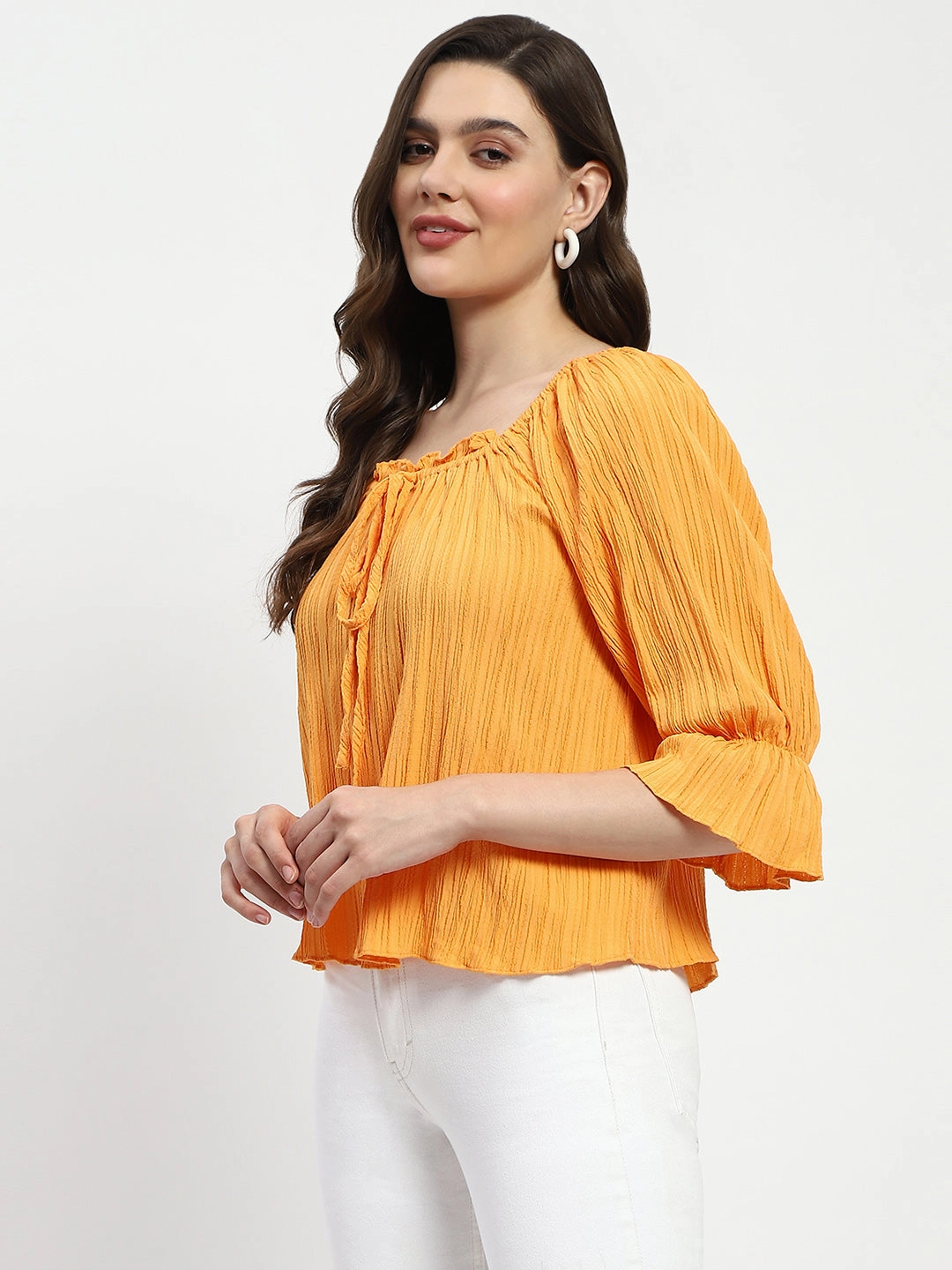 Madame Textured Cotton Blend Smocked Orange Top All-Purpose Wear