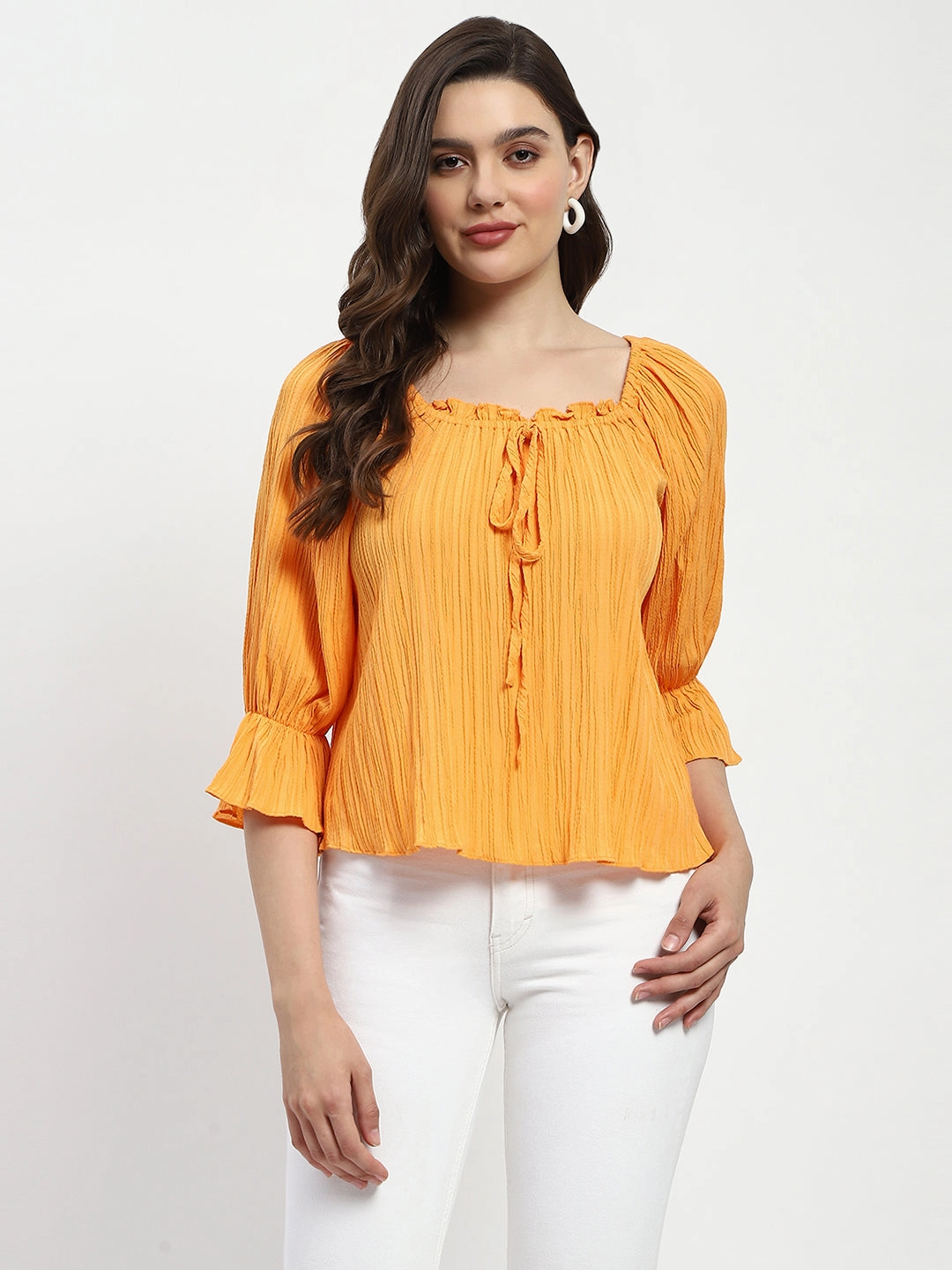 Madame Textured Cotton Blend Smocked Orange Top Ventilated Back Panel