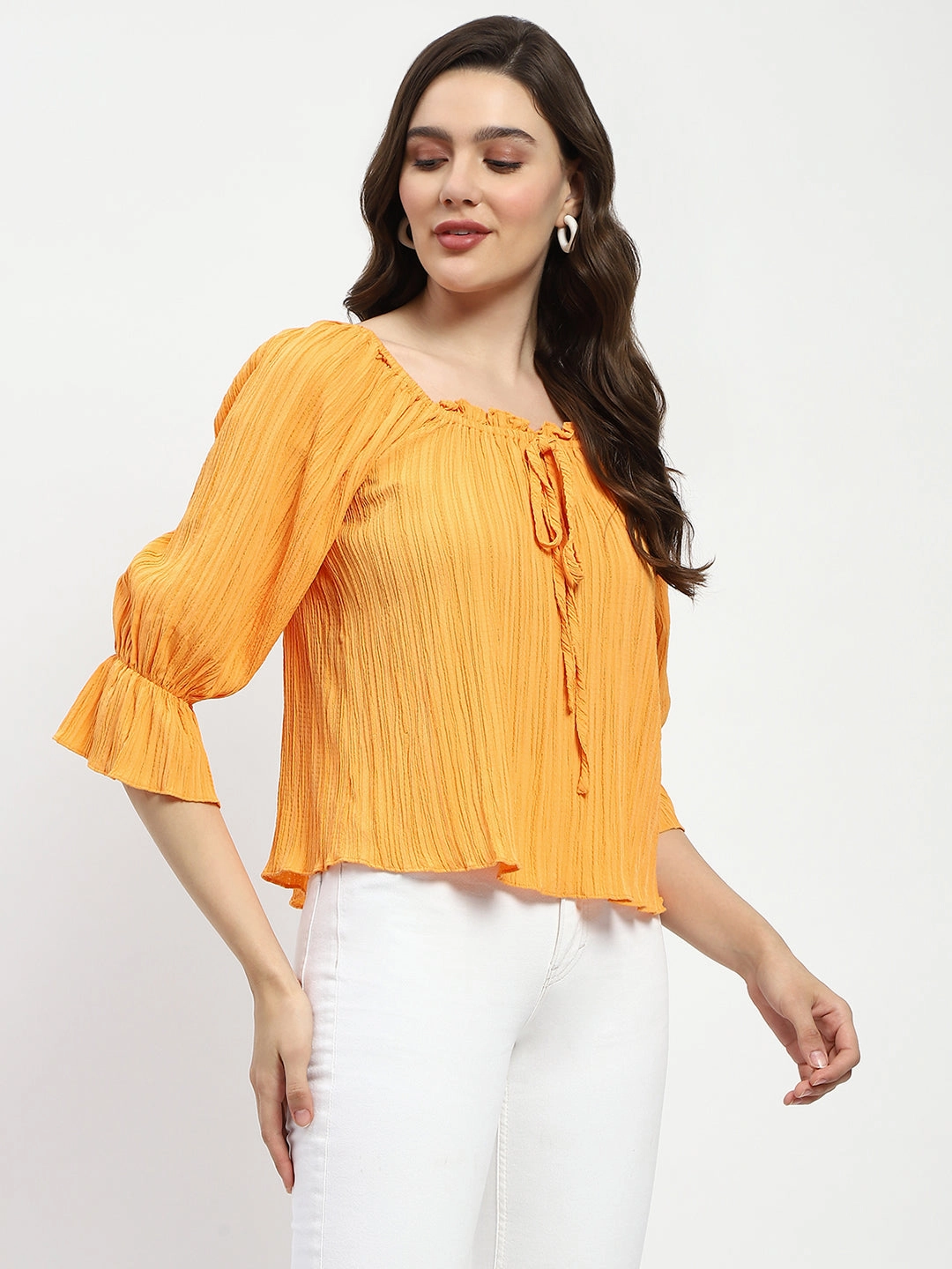 SeamlessSidePanels Madame Textured Cotton Blend Smocked Orange Top