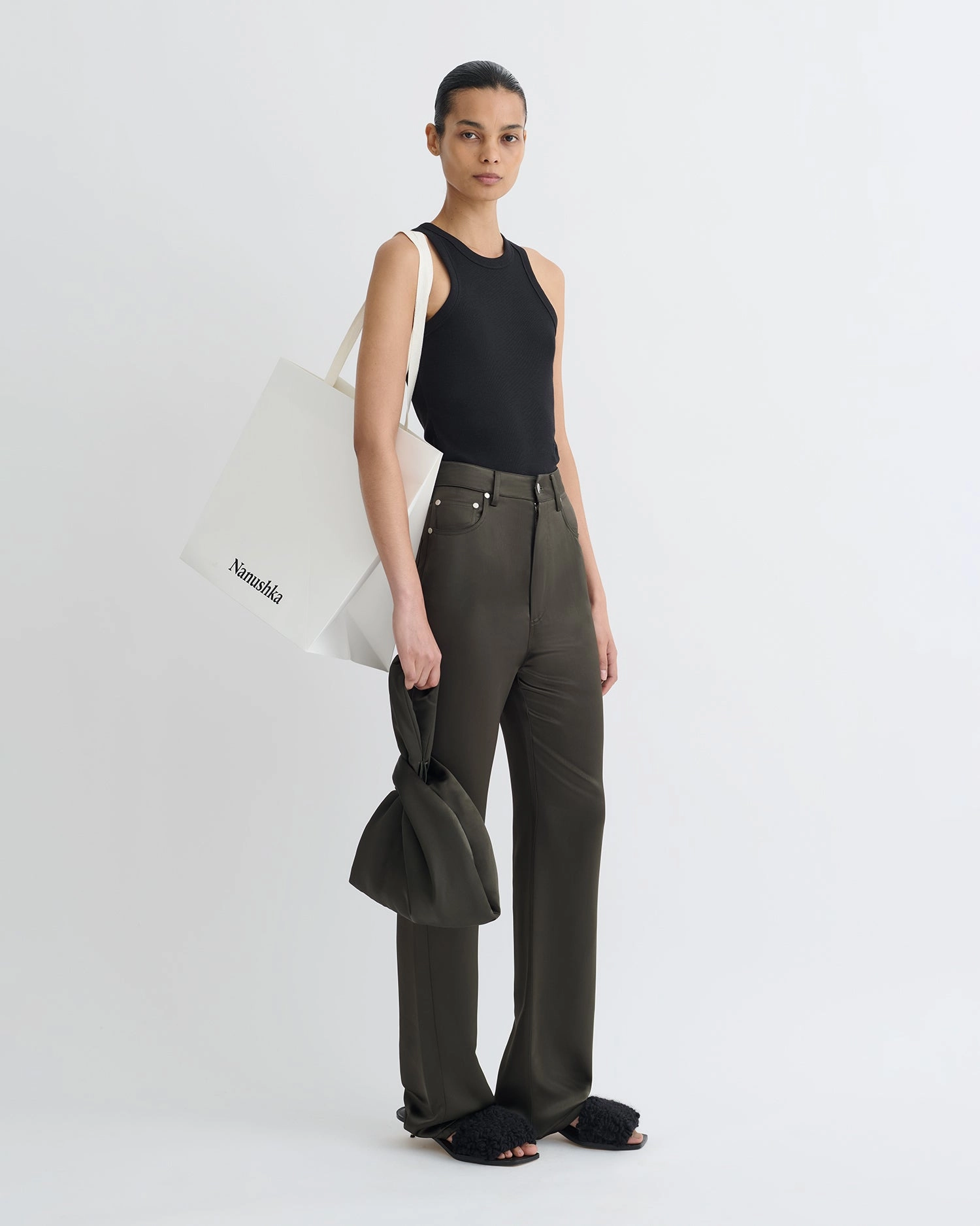 Tita - Slip Satin Pants - Dark Green Classic Fit AdjustableTabs