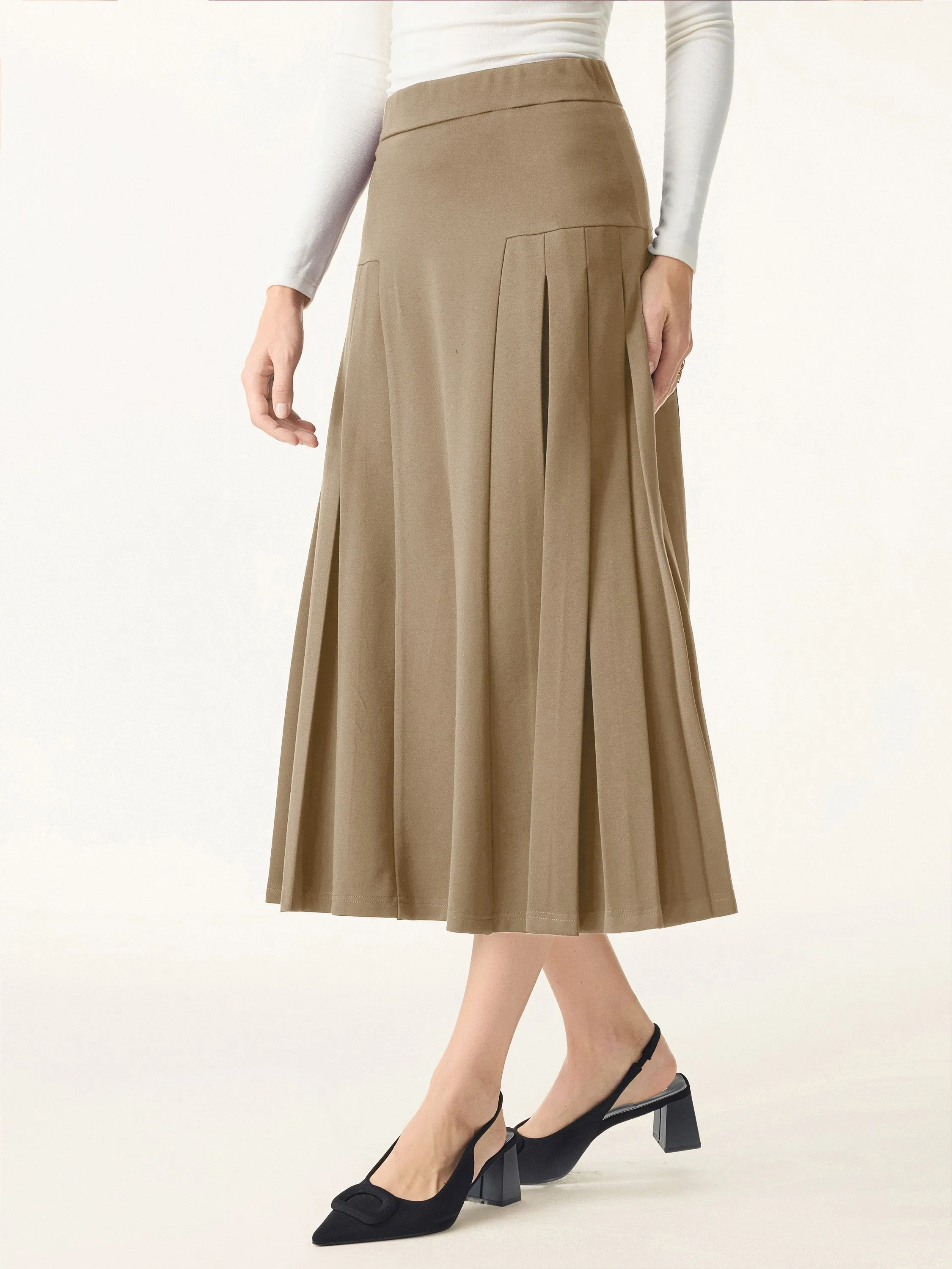 Stretch Ponte Pleated A-line Midi Tailored Skirt Sleek and Soft