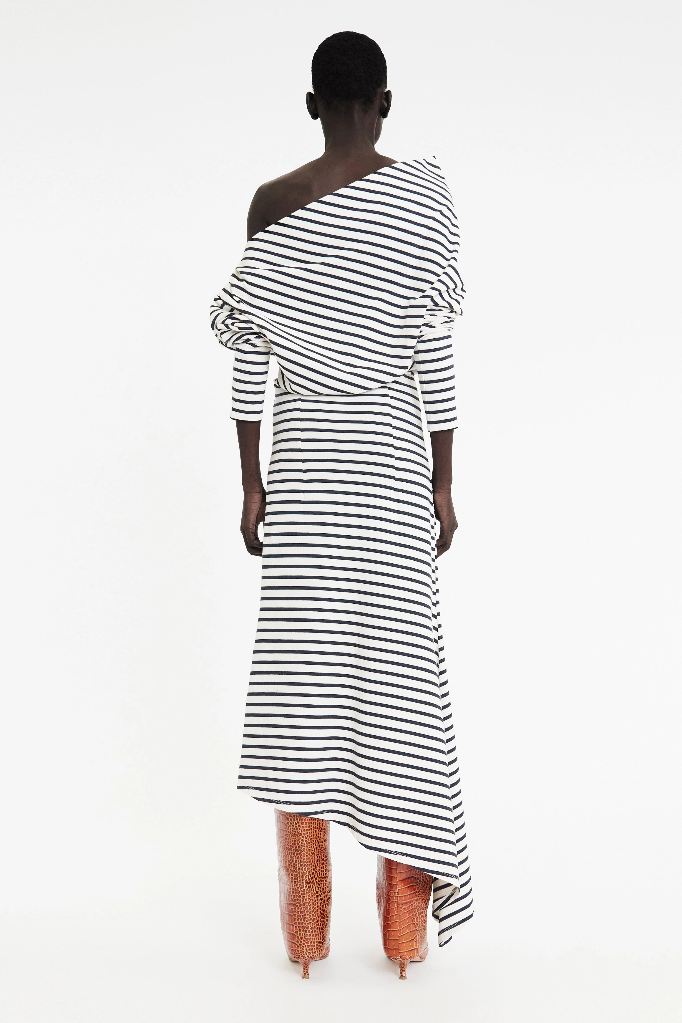 Off Shoulder Asymmetric Dress White Navy Stripe TaglessDesign