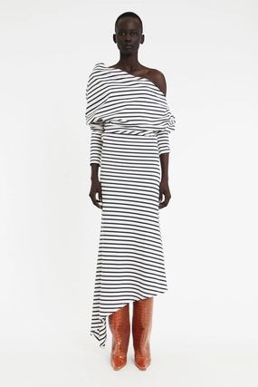 Temperature Control Technology EasyCare Fabric Off Shoulder Asymmetric Dress White Navy Stripe