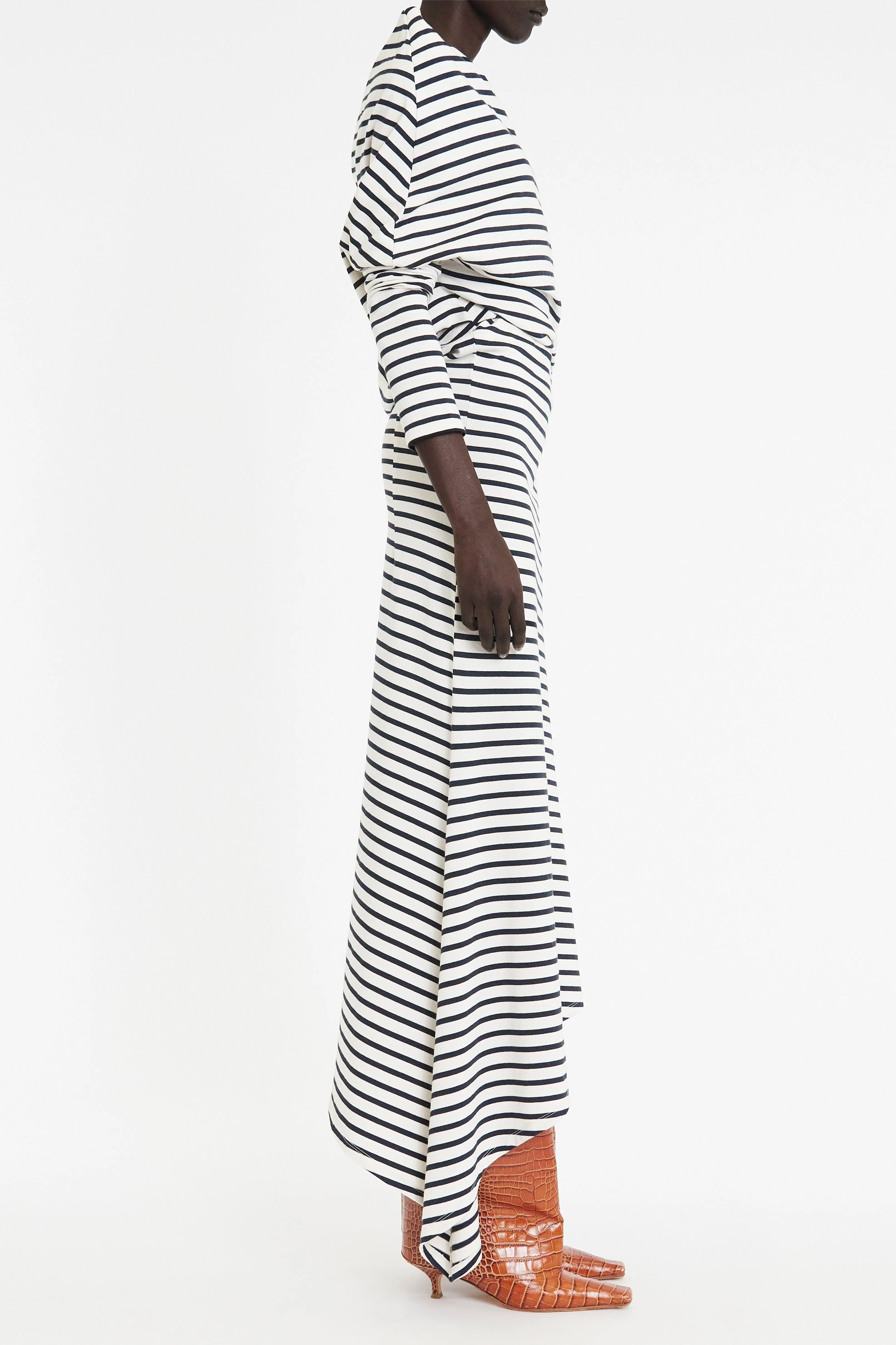 Off Shoulder Asymmetric Dress White Navy Stripe Regular Fit