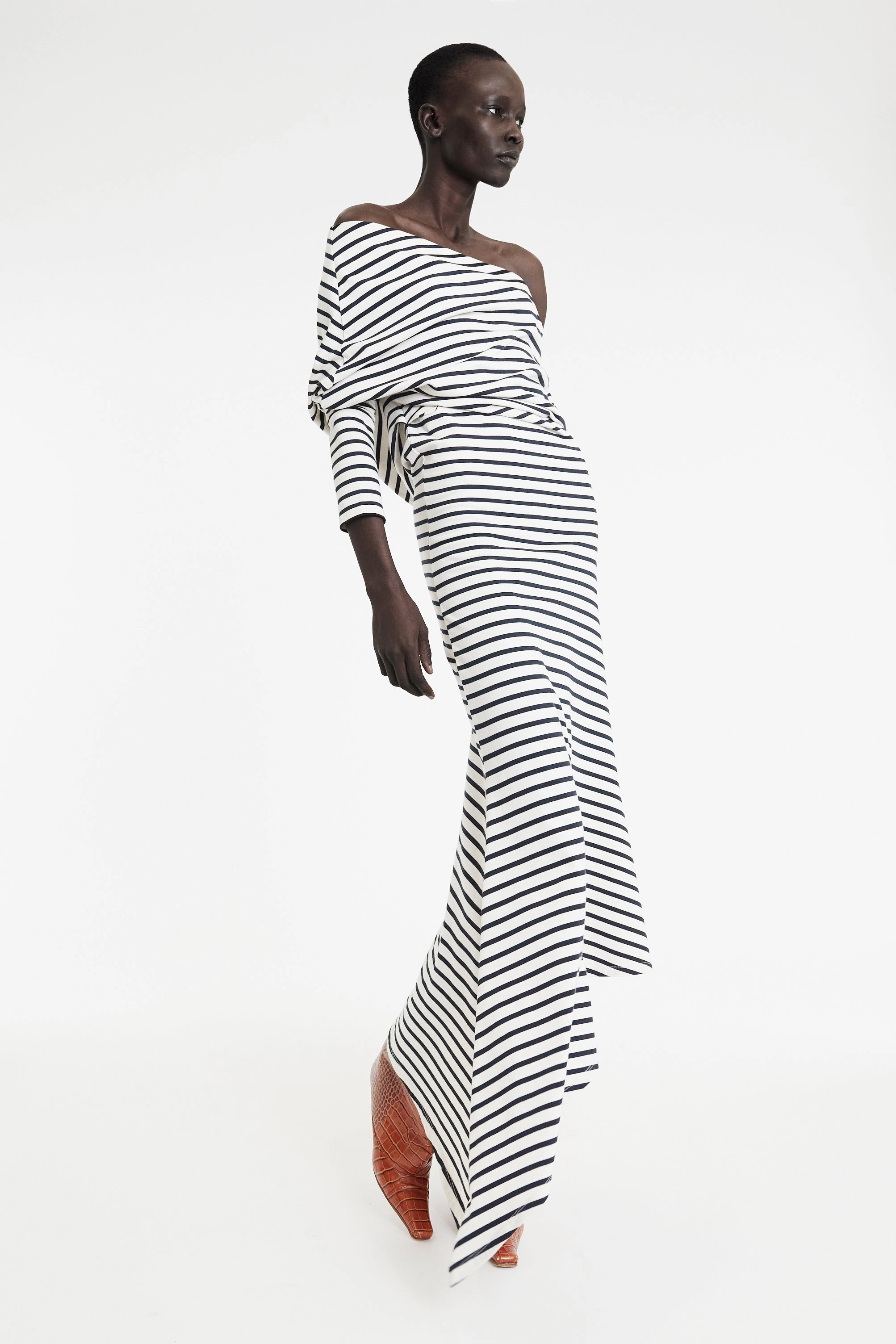 Off Shoulder Asymmetric Dress White Navy Stripe NoSlipSurface