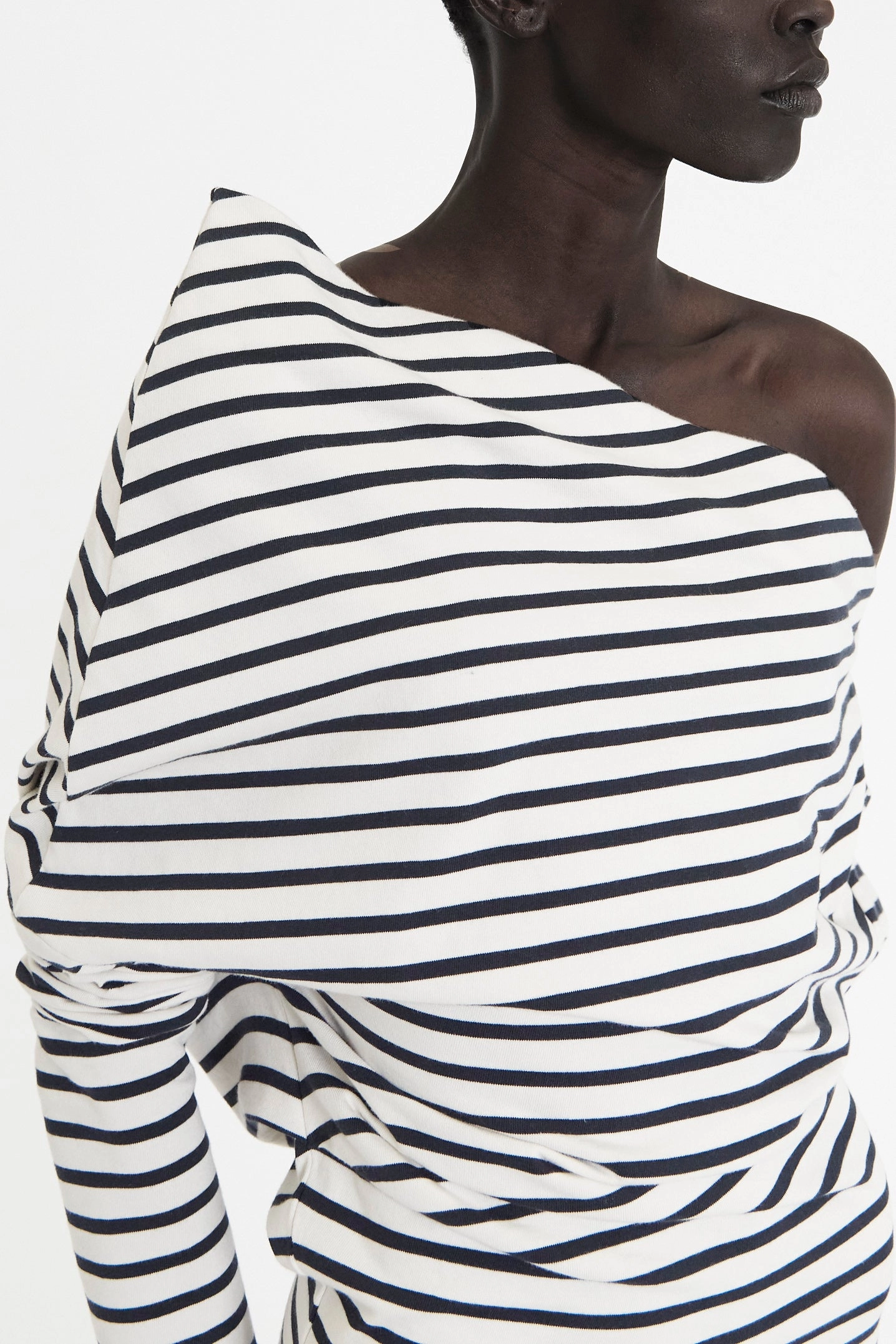 Off Shoulder Asymmetric Dress White Navy Stripe VentilatedArmholes