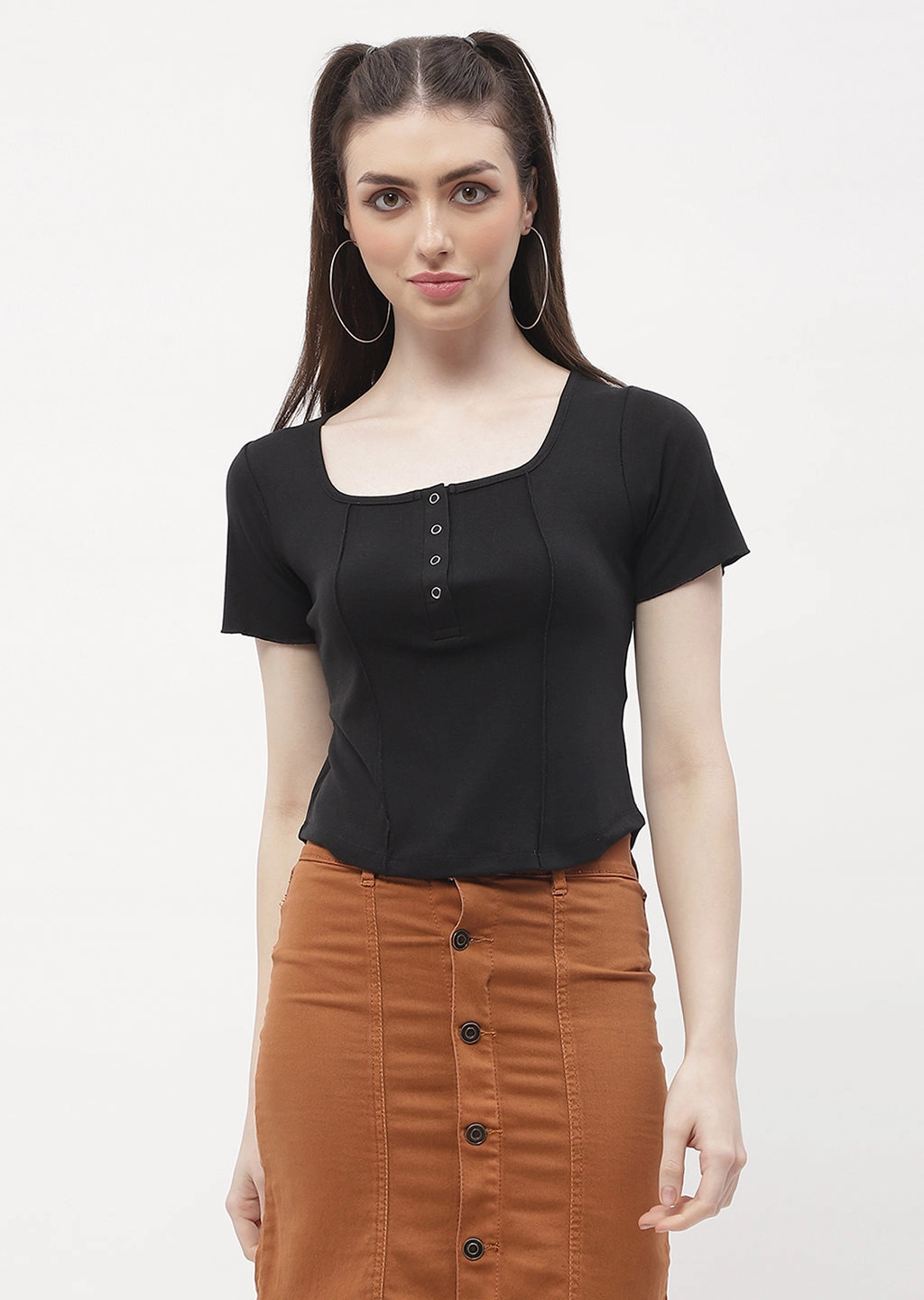 Madame Solid Black Corset Style Top FlexibleNeckline AntiPillingTechnology