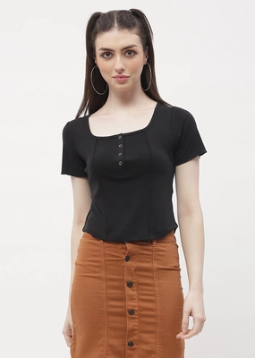 Madame Solid Black Corset Style Top FlexibleNeckline AntiPillingTechnology