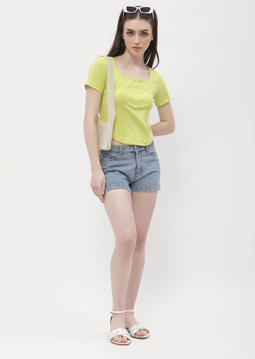 Madame Solid Neon Green Corset Style Top DoubleLayered Neckline