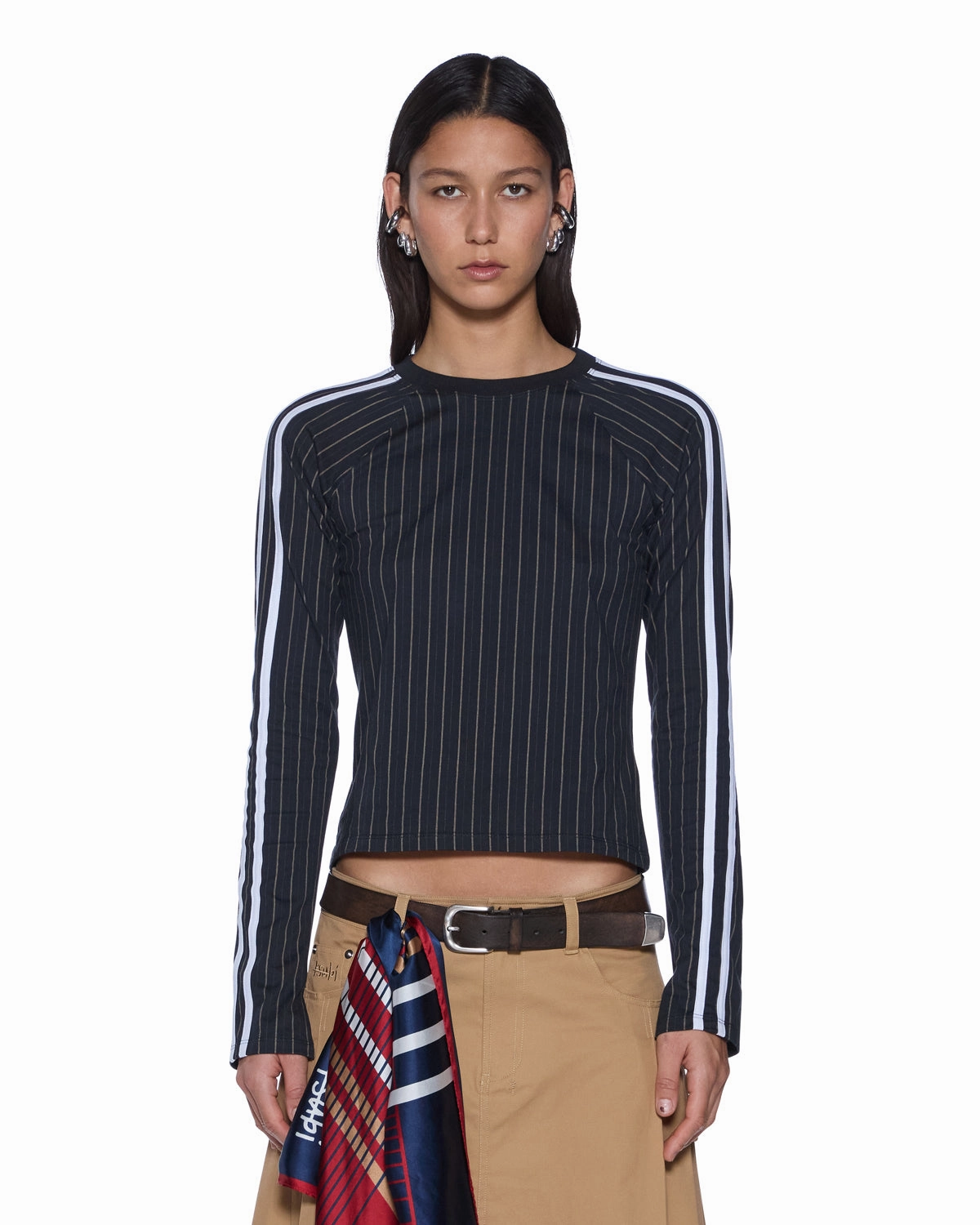PORTER LS TOP BLACK PINSTRIPE MultiFunctional Pocket Placement Soft Touch Texture