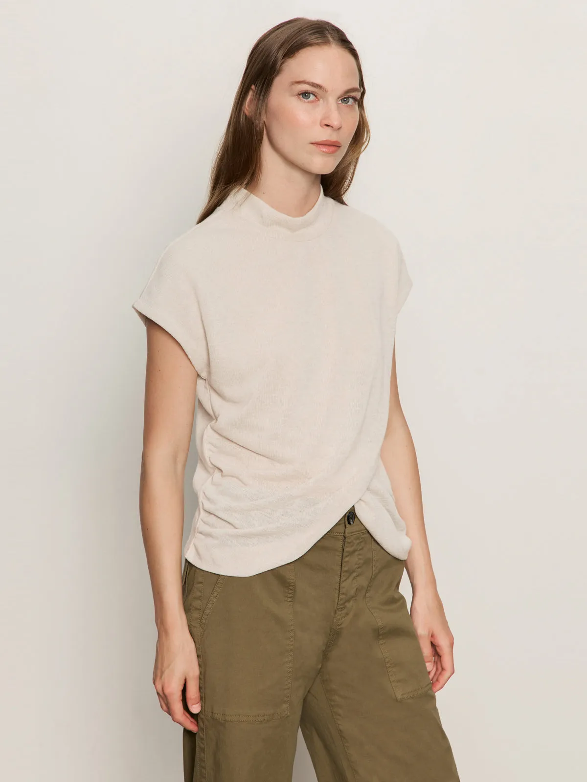 Casual Fit Simple and Relaxed Draped Sleeveless Mock Neck Top Mother Of Pearl