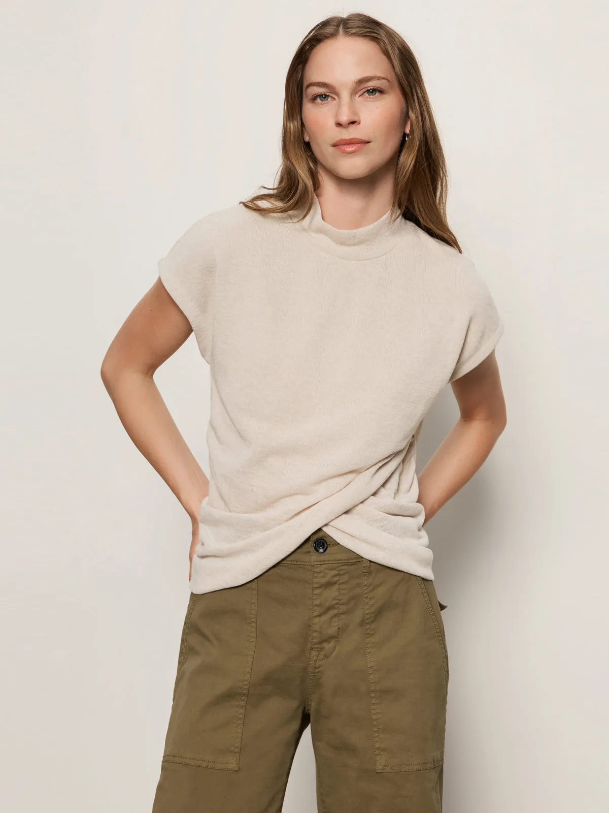 Draped Sleeveless Mock Neck Top Mother Of Pearl Chilly Comfort Wear
