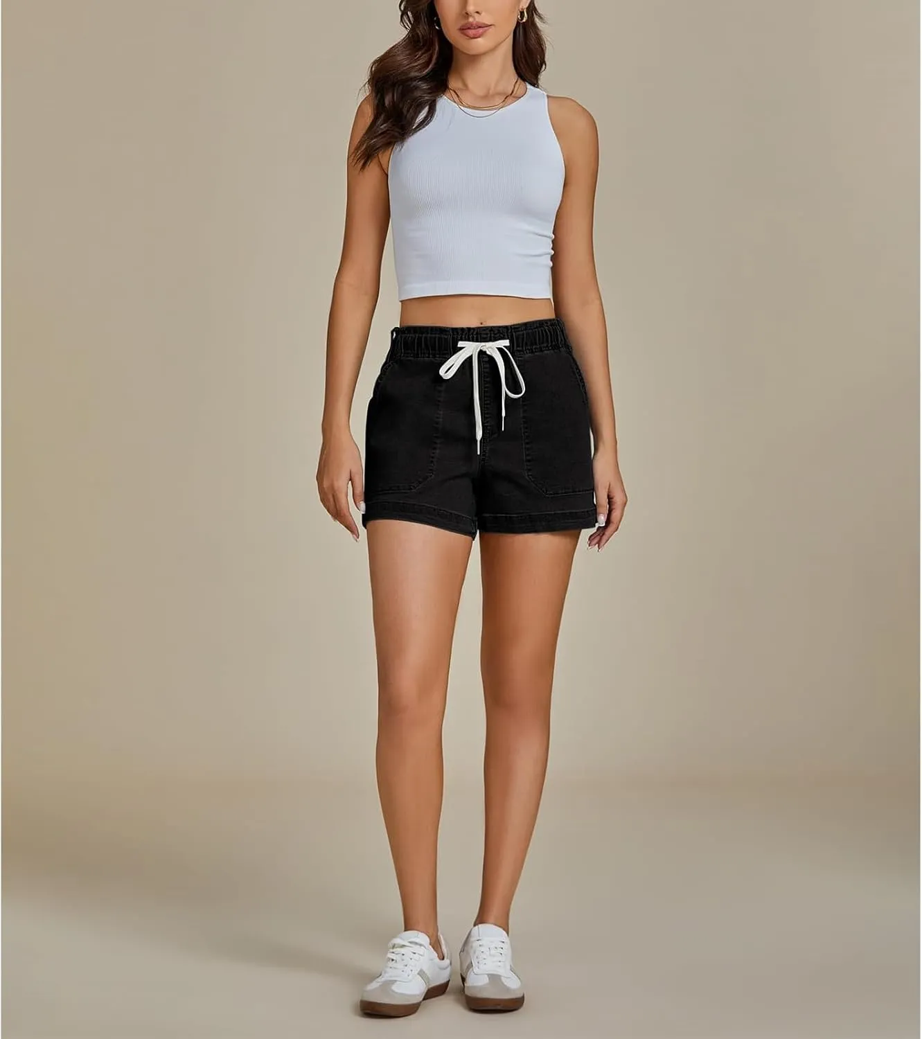 Drawstring Elastic Waist Jean Shorts for Women High Waisted, Elastic Waist Trendy Stretchy Denim Jorts