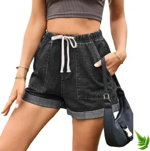 Drawstring Elastic Waist Jean Shorts for Women High Waisted, Elastic Waist Trendy Stretchy Denim Jorts