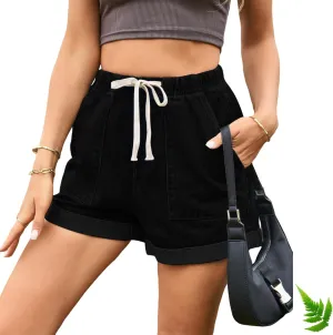 Drawstring Elastic Waist Jean Shorts for Women High Waisted, Elastic Waist Trendy Stretchy Denim Jorts