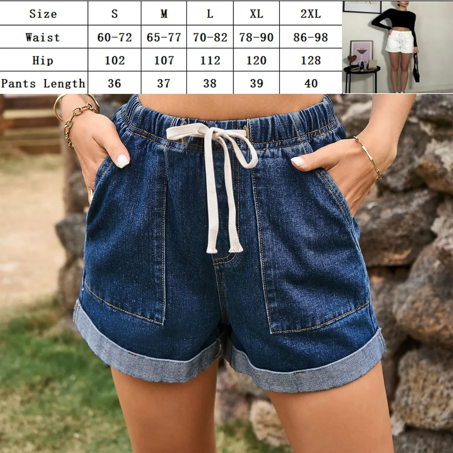 Drawstring Elastic Waist Jean Shorts for Women High Waisted, Elastic Waist Trendy Stretchy Denim Jorts