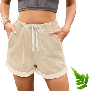 Drawstring Elastic Waist Jean Shorts for Women High Waisted, Elastic Waist Trendy Stretchy Denim Jorts