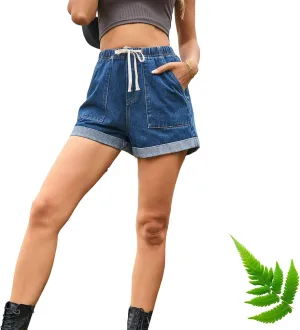 Drawstring Elastic Waist Jean Shorts for Women High Waisted, Elastic Waist Trendy Stretchy Denim Jorts