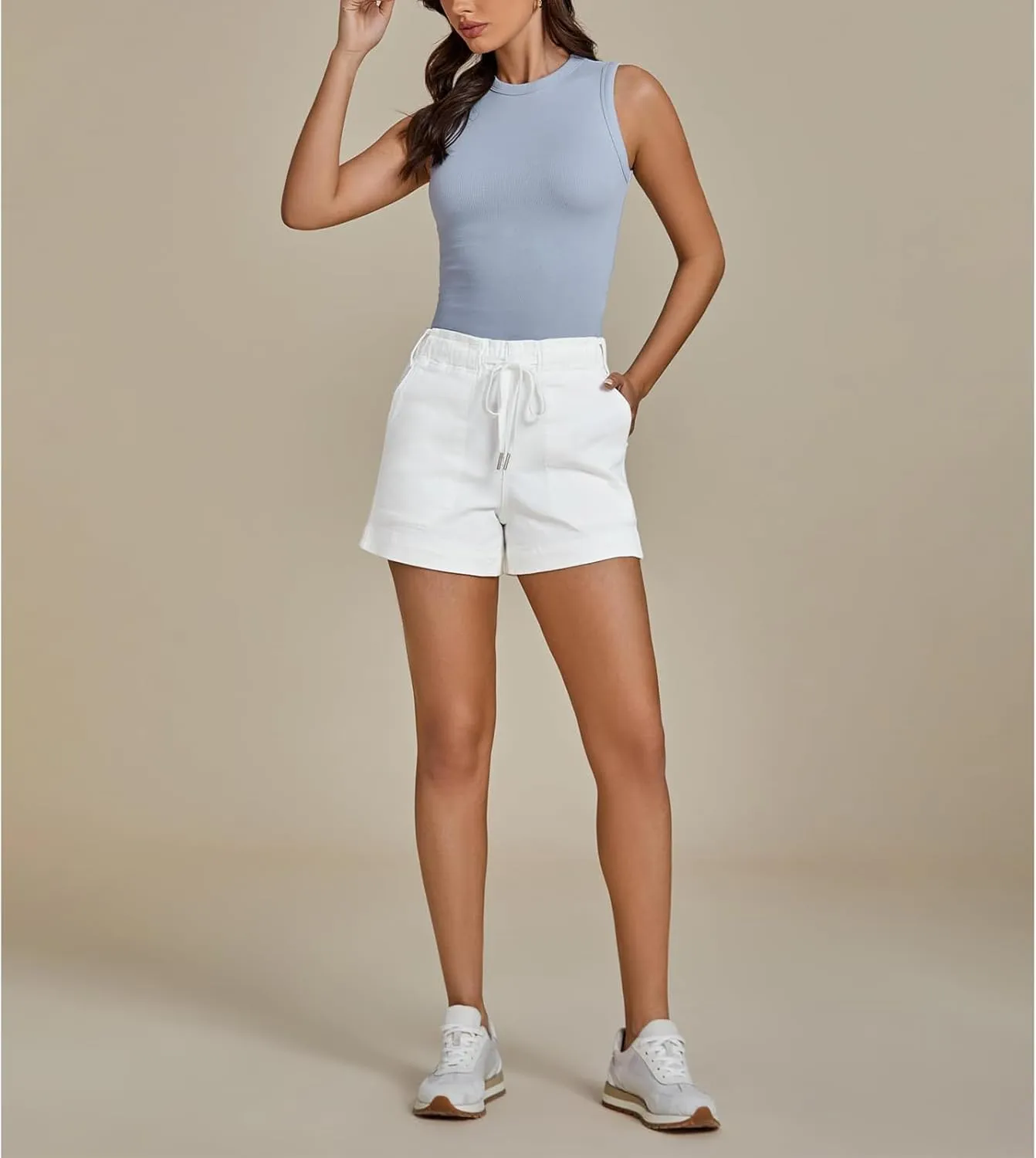 Drawstring Elastic Waist Jean Shorts for Women High Waisted, Elastic Waist Trendy Stretchy Denim Jorts