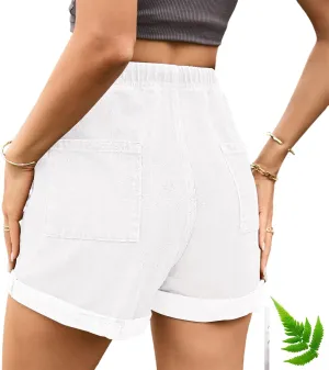 Drawstring Elastic Waist Jean Shorts for Women High Waisted, Elastic Waist Trendy Stretchy Denim Jorts