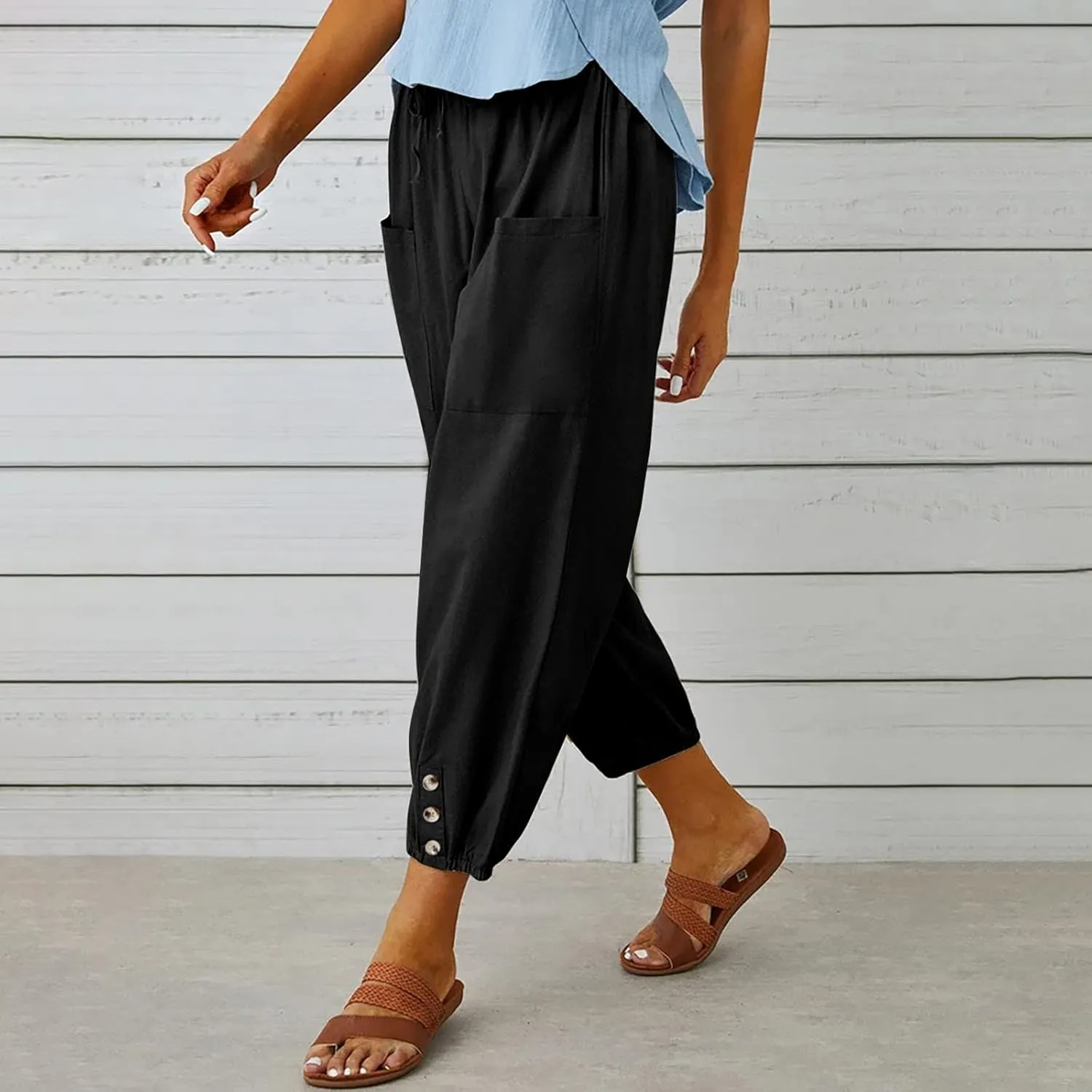 Drawstring Linen Pants for Women Loose Fit Button Down Pants High Waisted Wide Leg Pants Lounge Pants with Pockets