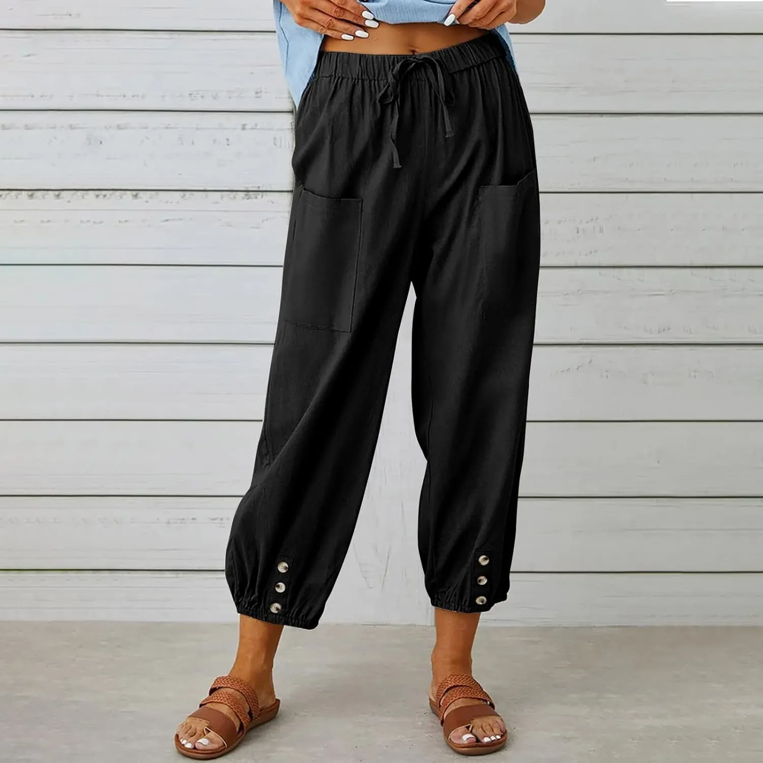 Drawstring Linen Pants for Women Loose Fit Button Down Pants High Waisted Wide Leg Pants Lounge Pants with Pockets