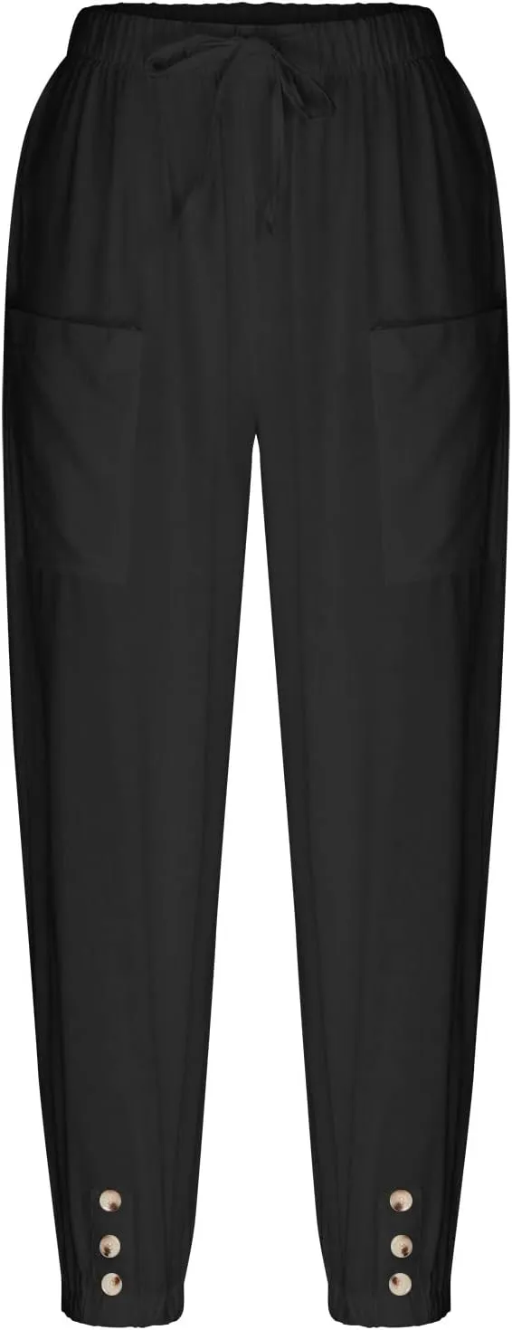 Drawstring Linen Pants for Women Loose Fit Button Down Pants High Waisted Wide Leg Pants Lounge Pants with Pockets