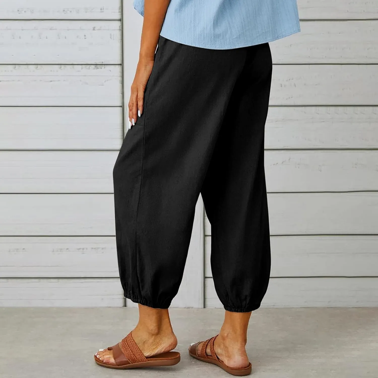 Drawstring Linen Pants for Women Loose Fit Button Down Pants High Waisted Wide Leg Pants Lounge Pants with Pockets