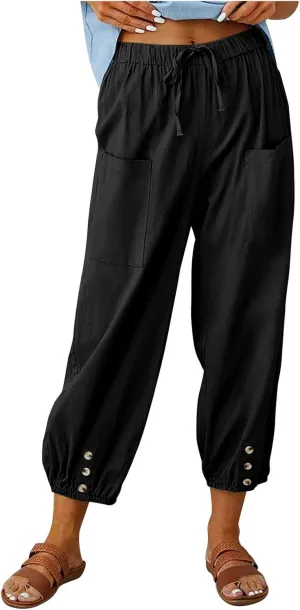 Drawstring Linen Pants for Women Loose Fit Button Down Pants High Waisted Wide Leg Pants Lounge Pants with Pockets