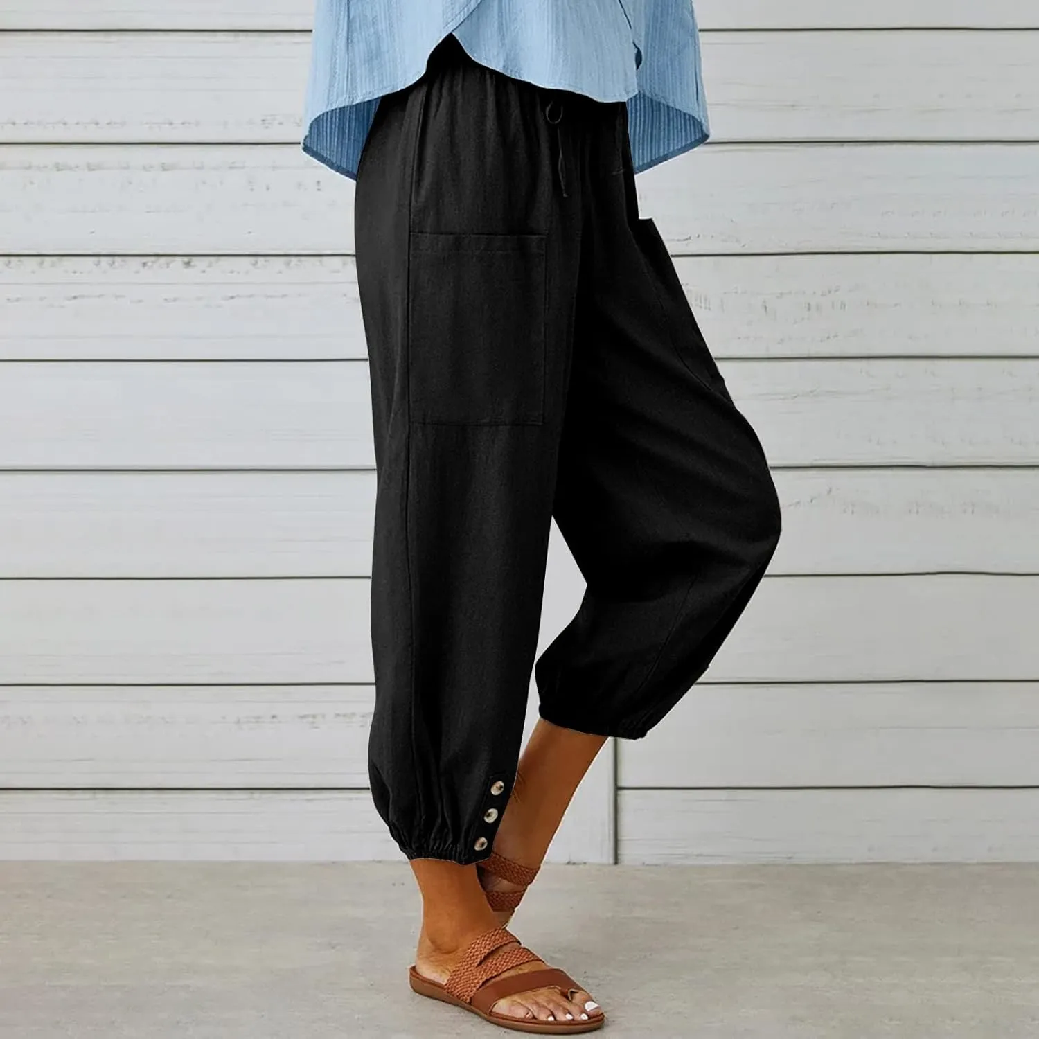 Drawstring Linen Pants for Women Loose Fit Button Down Pants High Waisted Wide Leg Pants Lounge Pants with Pockets