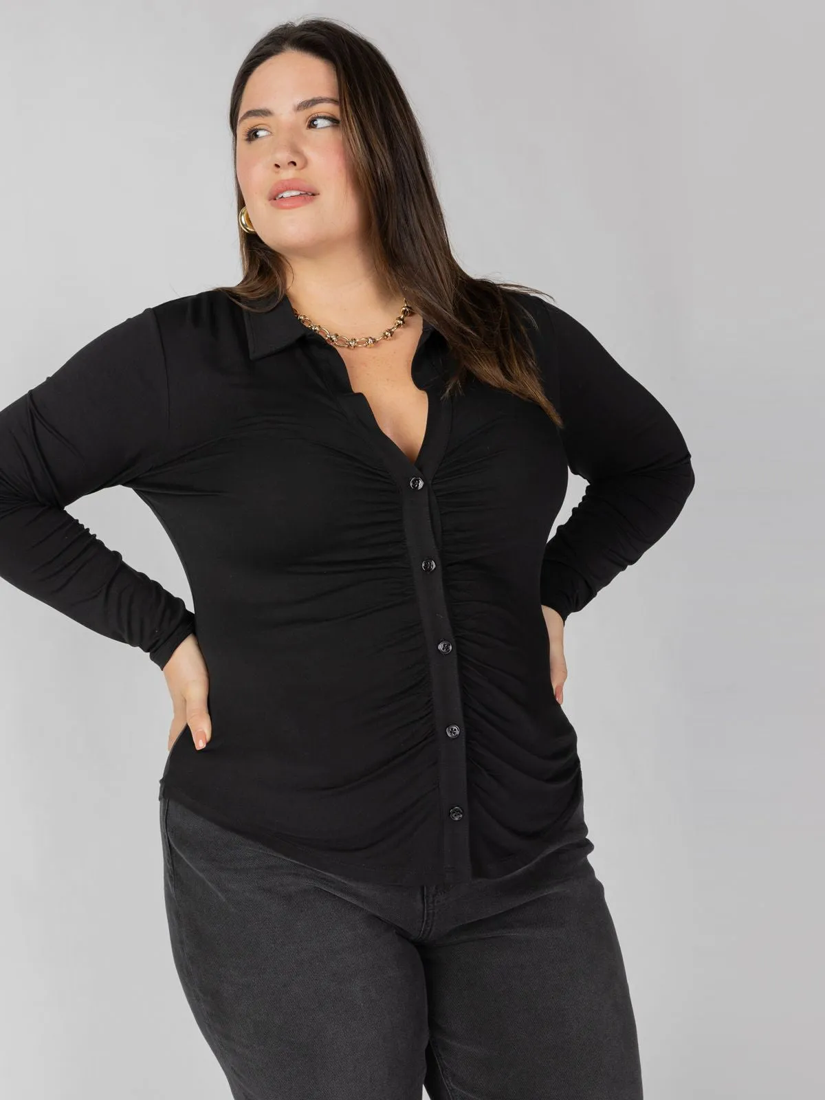 Dreamgirl Knit Button Up Top Black Extended Sizing BreathableFabric LightweightDesign