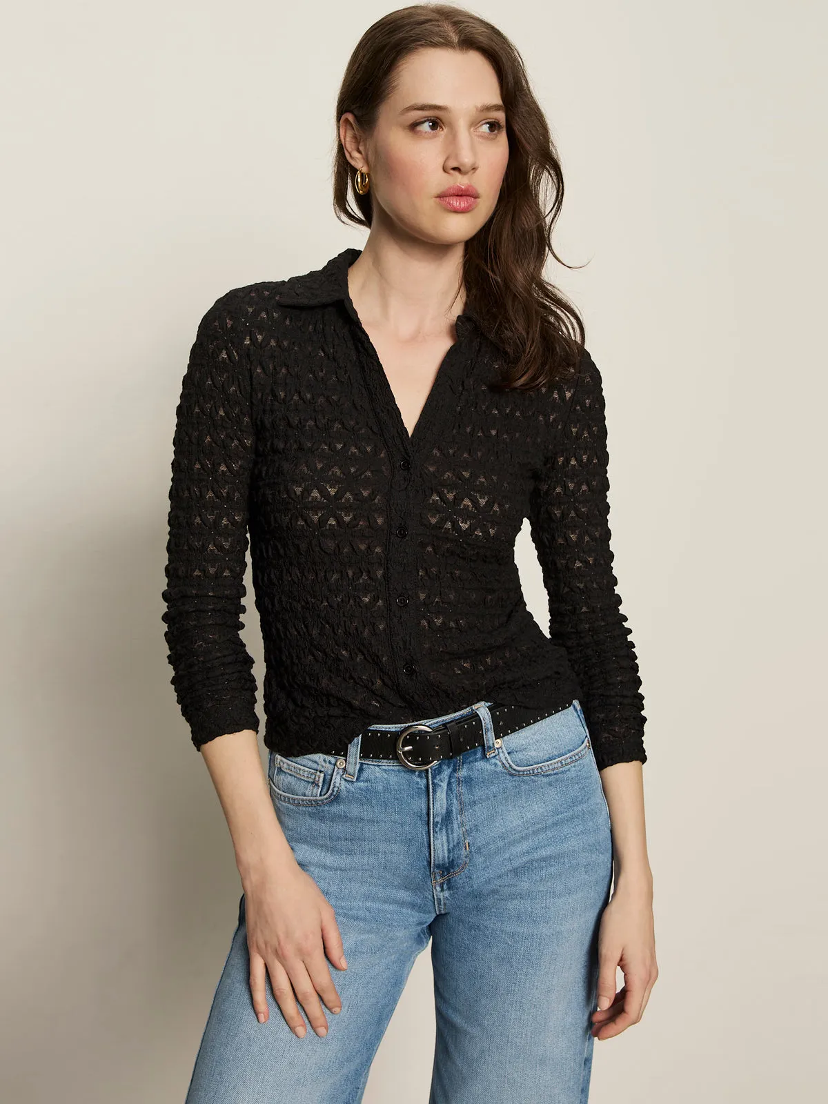 Dreamgirl Lace Button Up Top Black tall size Casual Chic