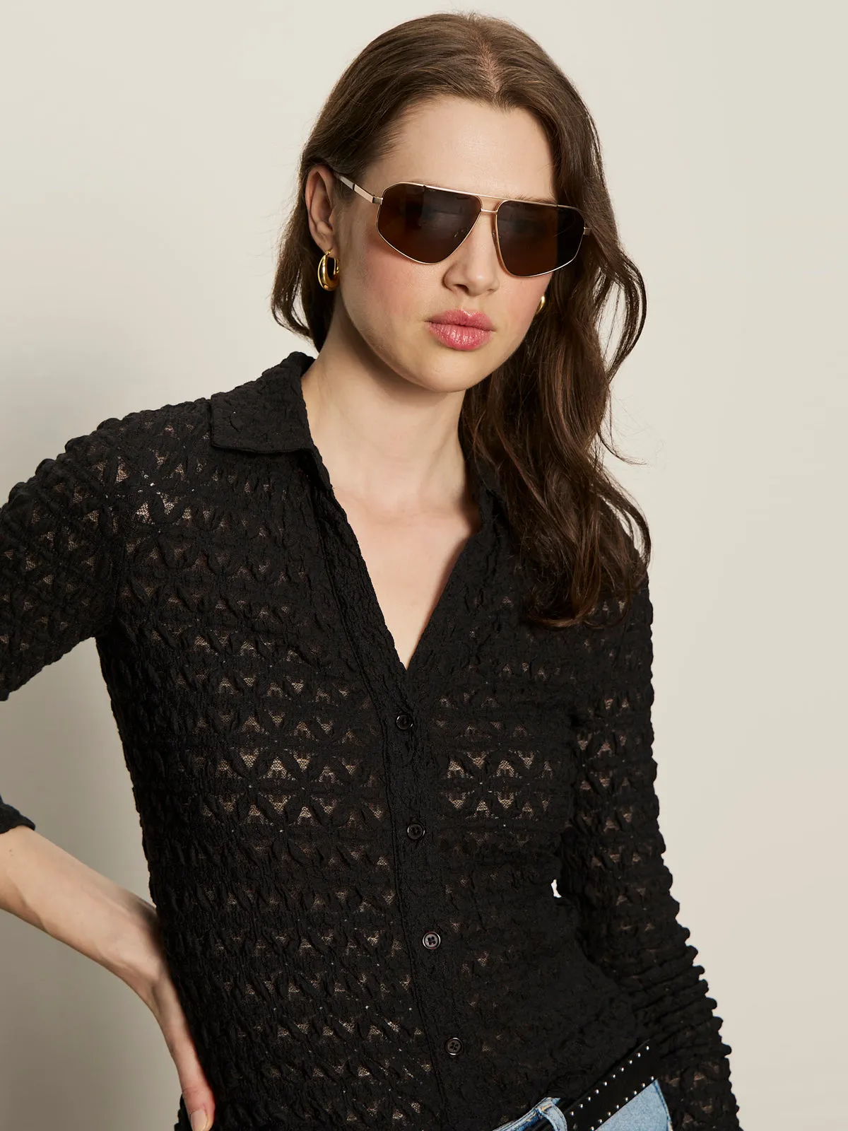 Dreamgirl Lace Button Up Top Black Hygroscopic Fiber