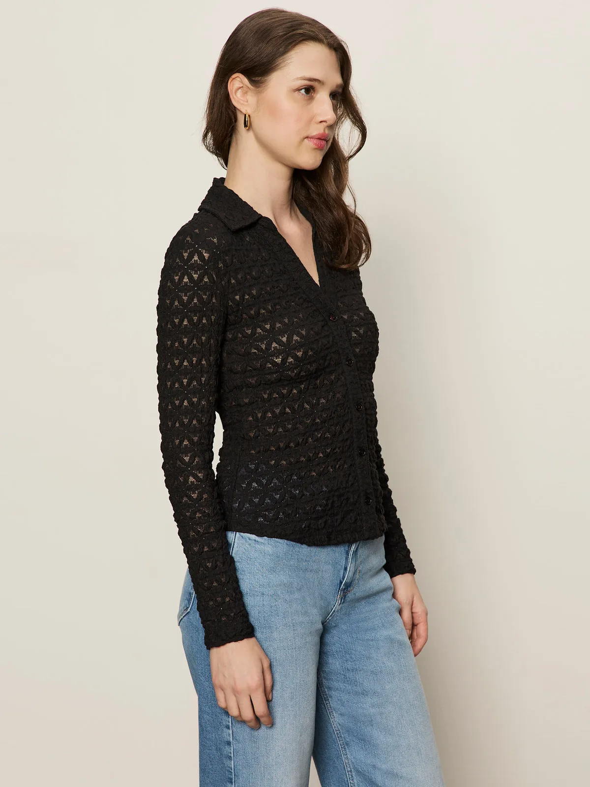 Dreamgirl Lace Button Up Top Black Relaxed and Comfy Neutral Color