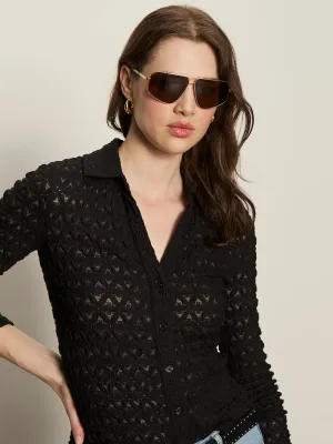 Dreamgirl Lace Button Up Top Black Hygroscopic Fiber
