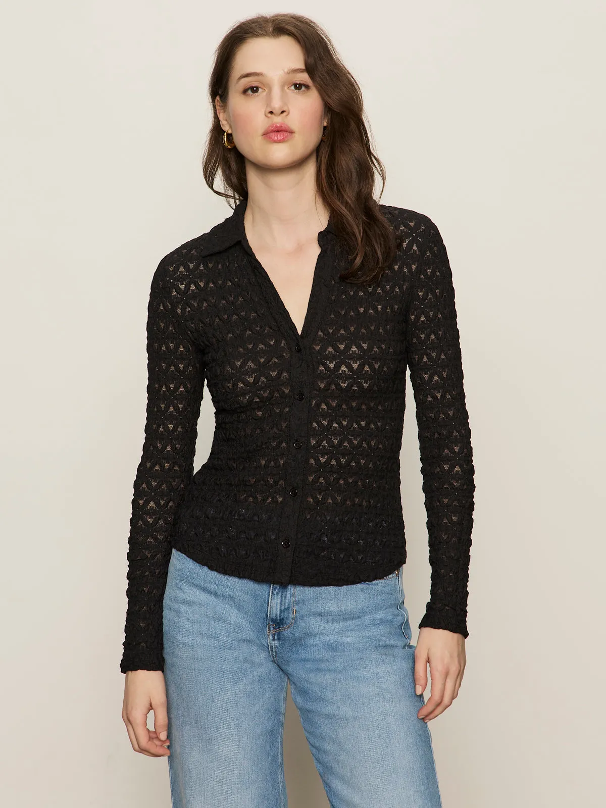 Anti Pilling Finish Dreamgirl Lace Button Up Top Black