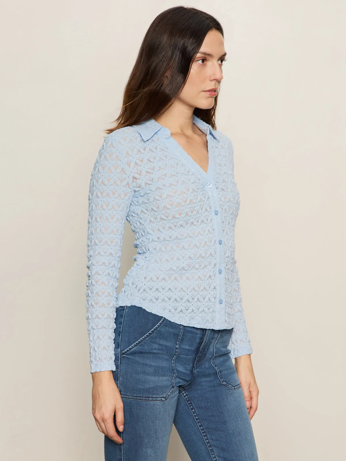 Dreamgirl Lace Button Up Top Blue Powder Versatile Fit Anti Static Treatment