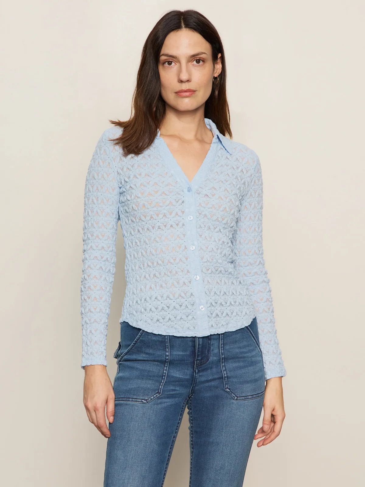 Modern Casual Dreamgirl Lace Button Up Top Blue Powder