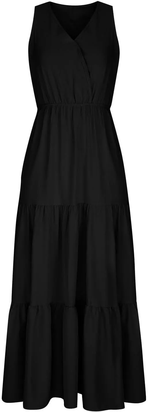 Dresses for Women 2025 Casual V Neck Sleeveless Maxi Dress Summer Beach Tiered Long Dresses Trendy Boho Sundresses