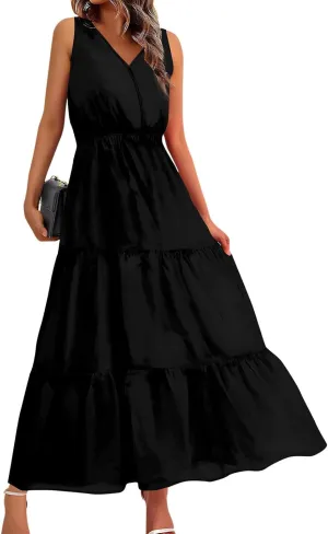 Dresses for Women 2025 Casual V Neck Sleeveless Maxi Dress Summer Beach Tiered Long Dresses Trendy Boho Sundresses