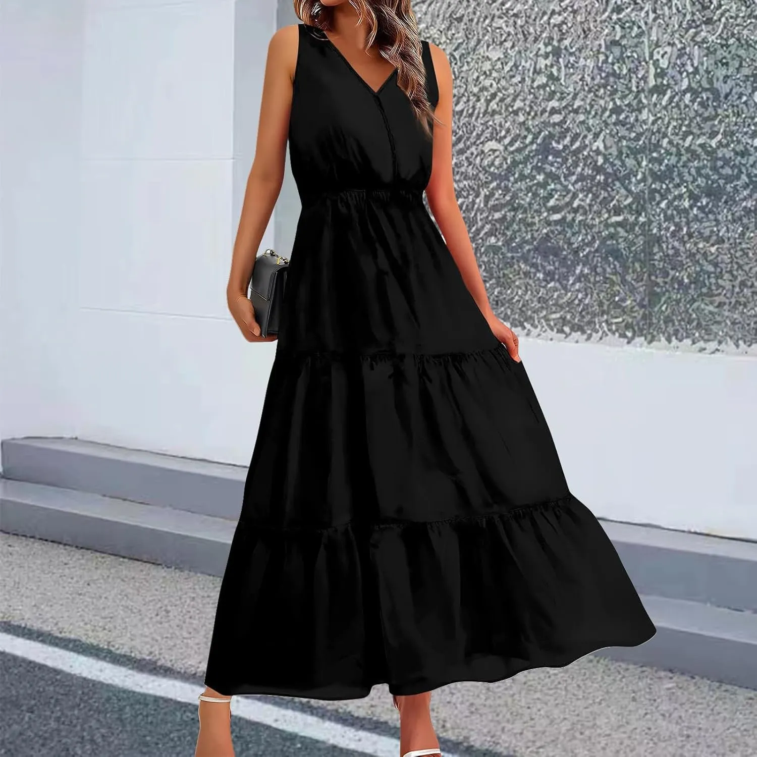 Dresses for Women 2025 Casual V Neck Sleeveless Maxi Dress Summer Beach Tiered Long Dresses Trendy Boho Sundresses