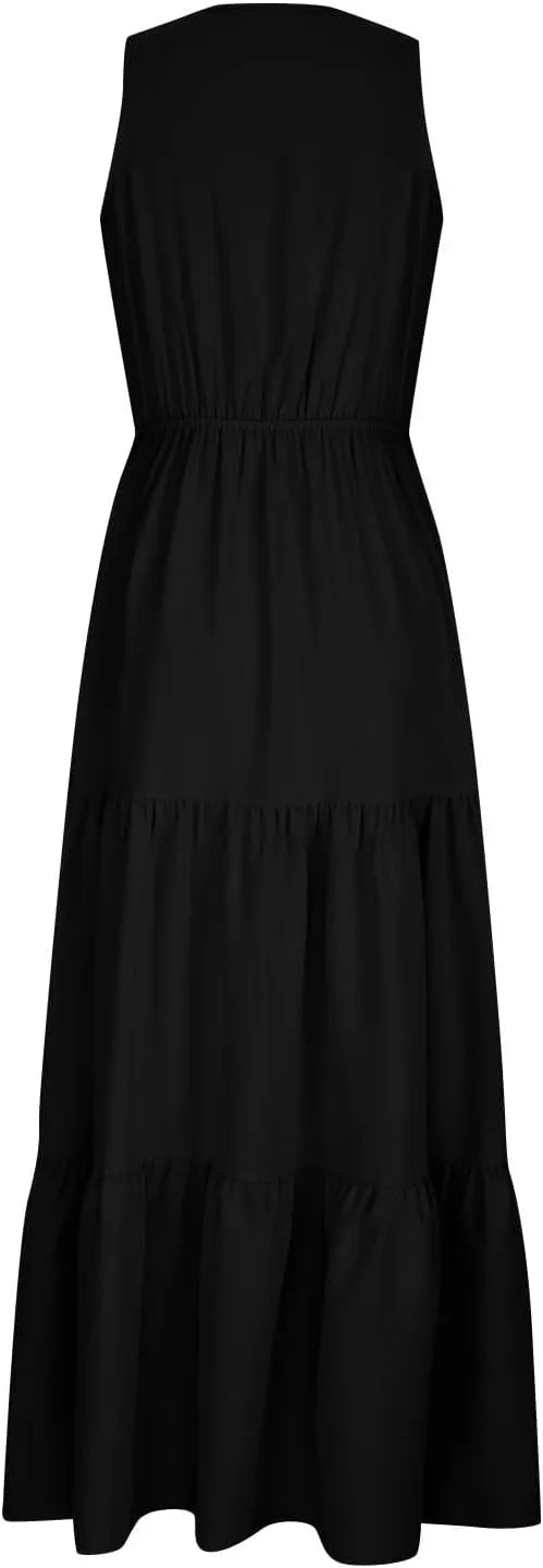Dresses for Women 2025 Casual V Neck Sleeveless Maxi Dress Summer Beach Tiered Long Dresses Trendy Boho Sundresses