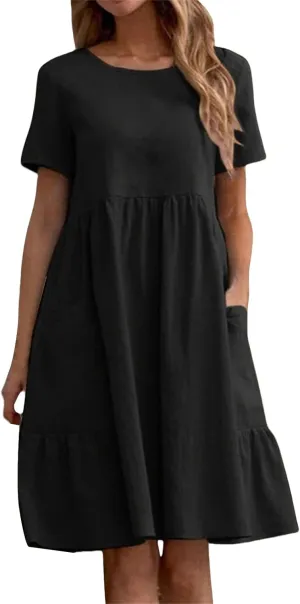 Dresses for Women Casual Linen T Shirt Mini Dresses Loose Tiered Beach Dress Short Sleeve Crewneck Dress with Pockets
