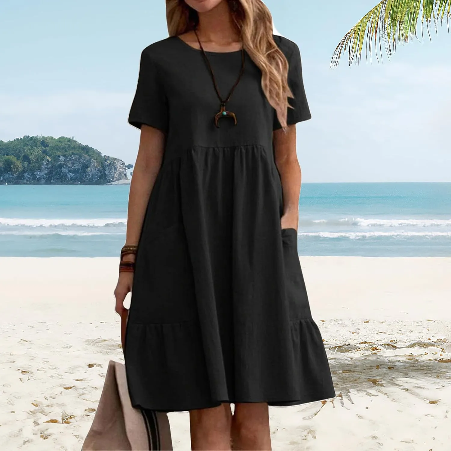 Dresses for Women Casual Linen T Shirt Mini Dresses Loose Tiered Beach Dress Short Sleeve Crewneck Dress with Pockets