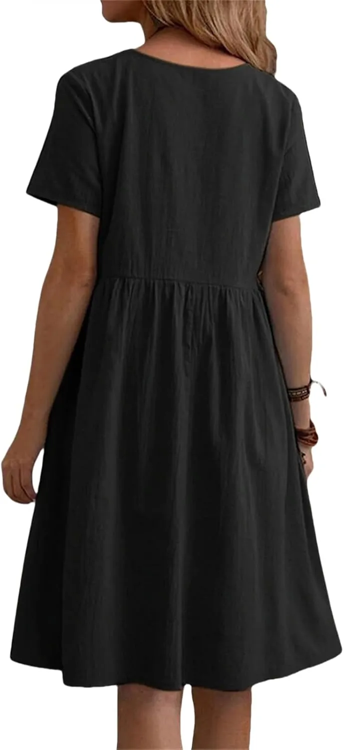 Dresses for Women Casual Linen T Shirt Mini Dresses Loose Tiered Beach Dress Short Sleeve Crewneck Dress with Pockets