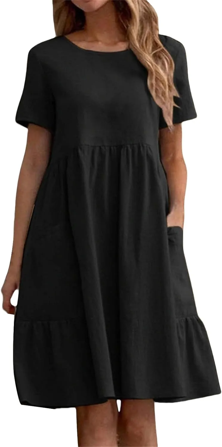 Dresses for Women Casual Linen T Shirt Mini Dresses Loose Tiered Beach Dress Short Sleeve Crewneck Dress with Pockets